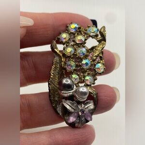 Gold Tone Rhinestone and Aurora Borealis Floral Spray Brooch Unmarked